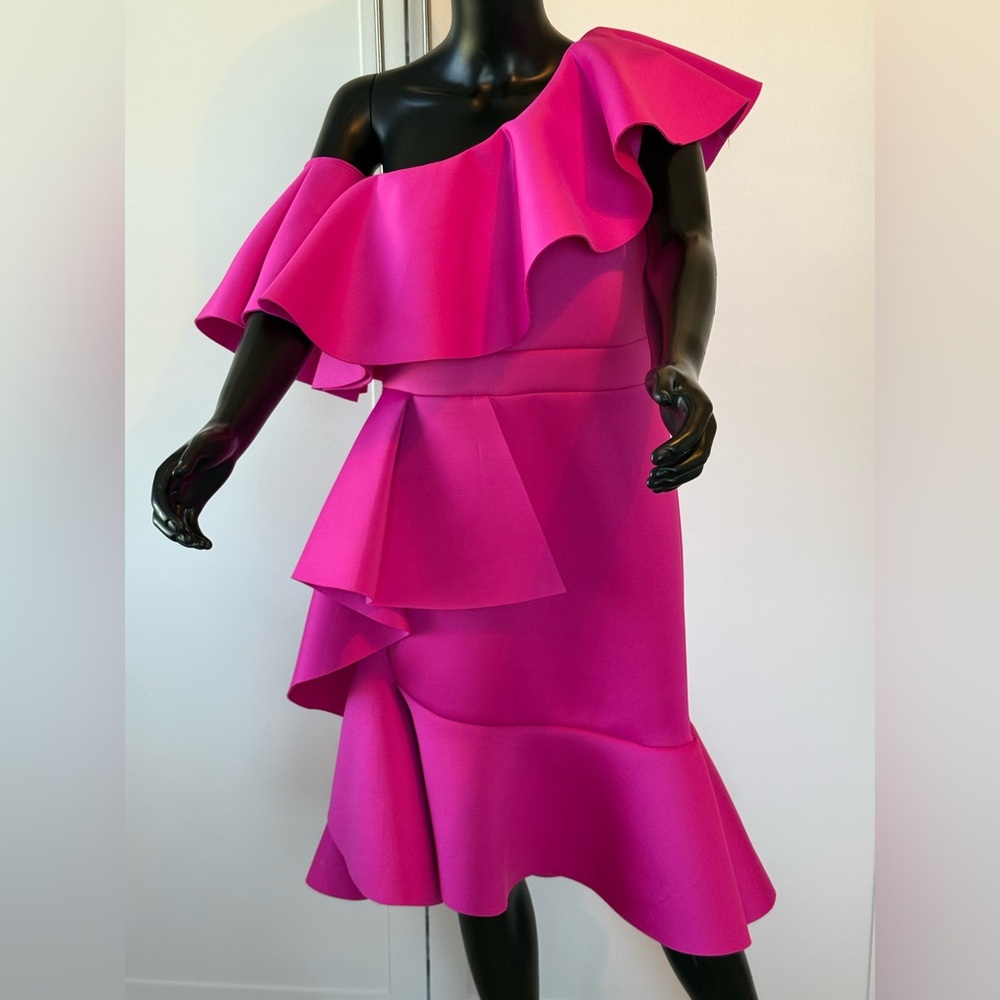One-Shoulder Ruffle Dress in Bright Fuchsia